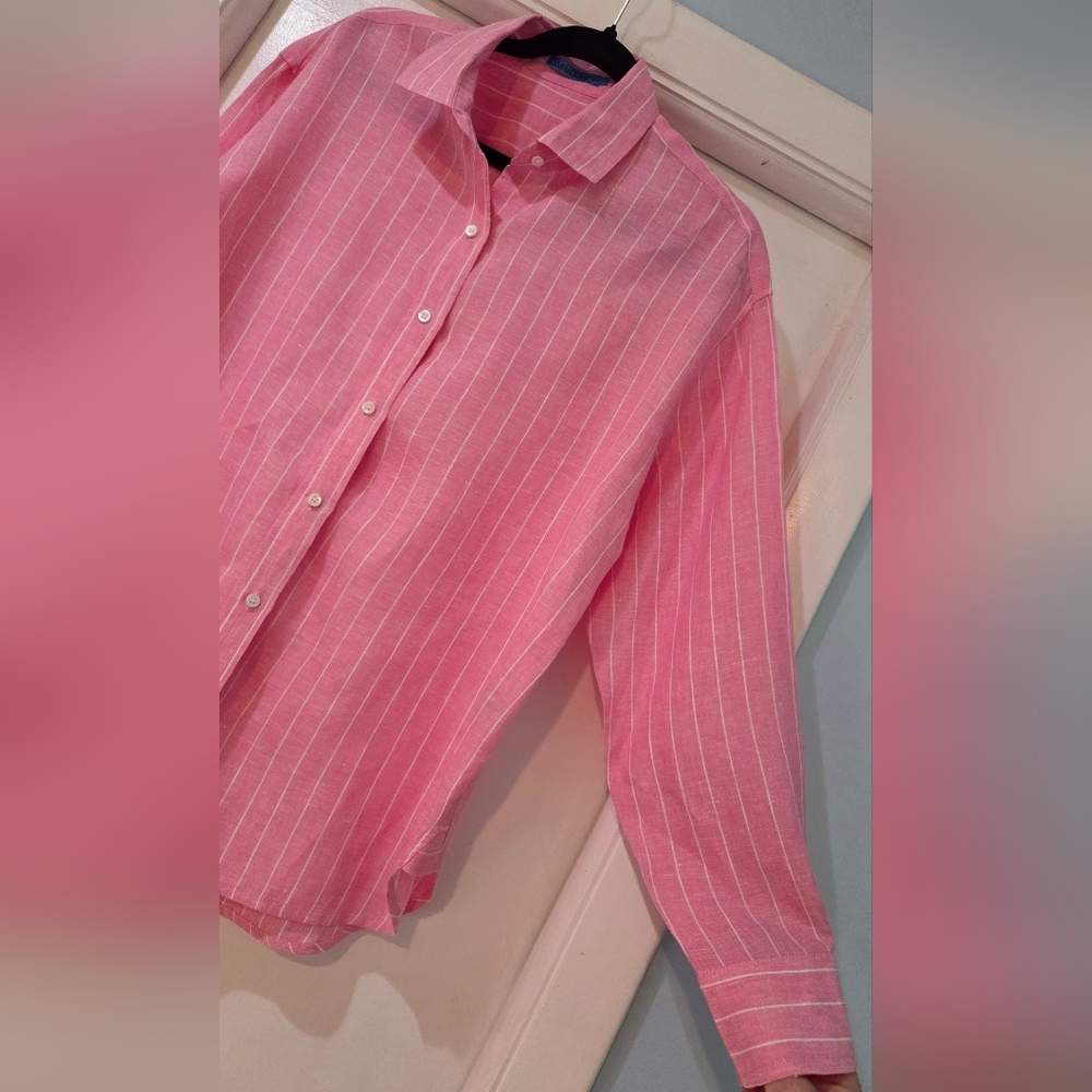 Women's J. McLaughlin Britt Linen Pink With White Pin Stripes Blouse, Size L - Picture 7 of 13